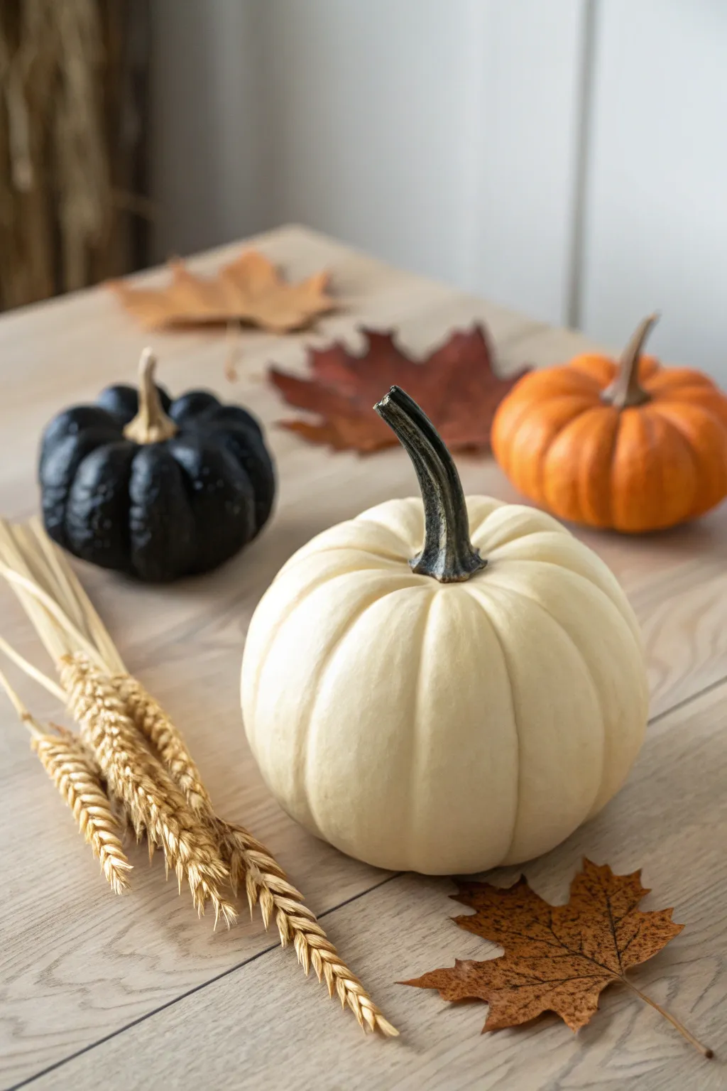 Classic matte painted faux pumpkin trio in cream, black, and muted orange for cozy minimal fall.