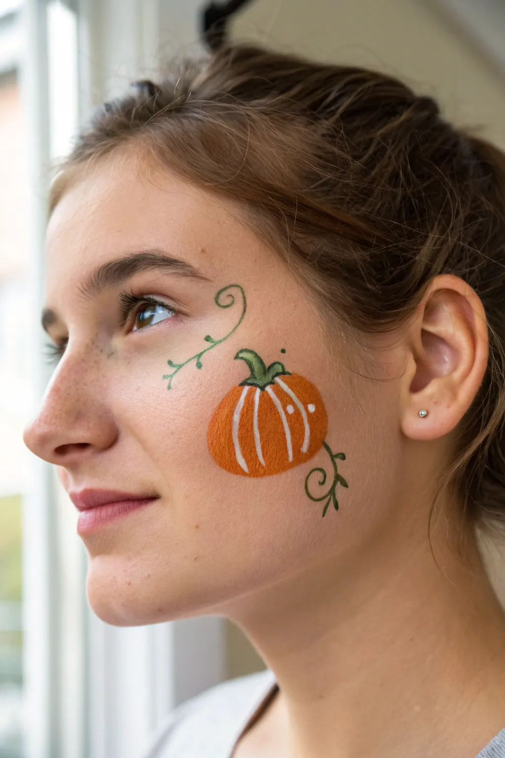 Classic pumpkin cheek pop with clean vine and leaf details, a bright highlight, and cozy fall mood