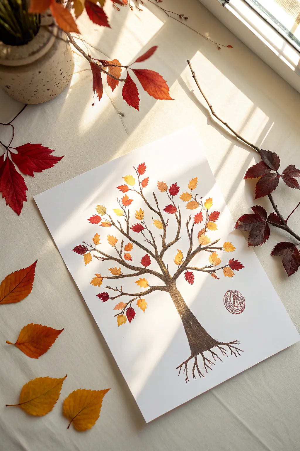 Handprint fall tree with vibrant fingerprint leaves, minimalist and cozy for an easy autumn craft