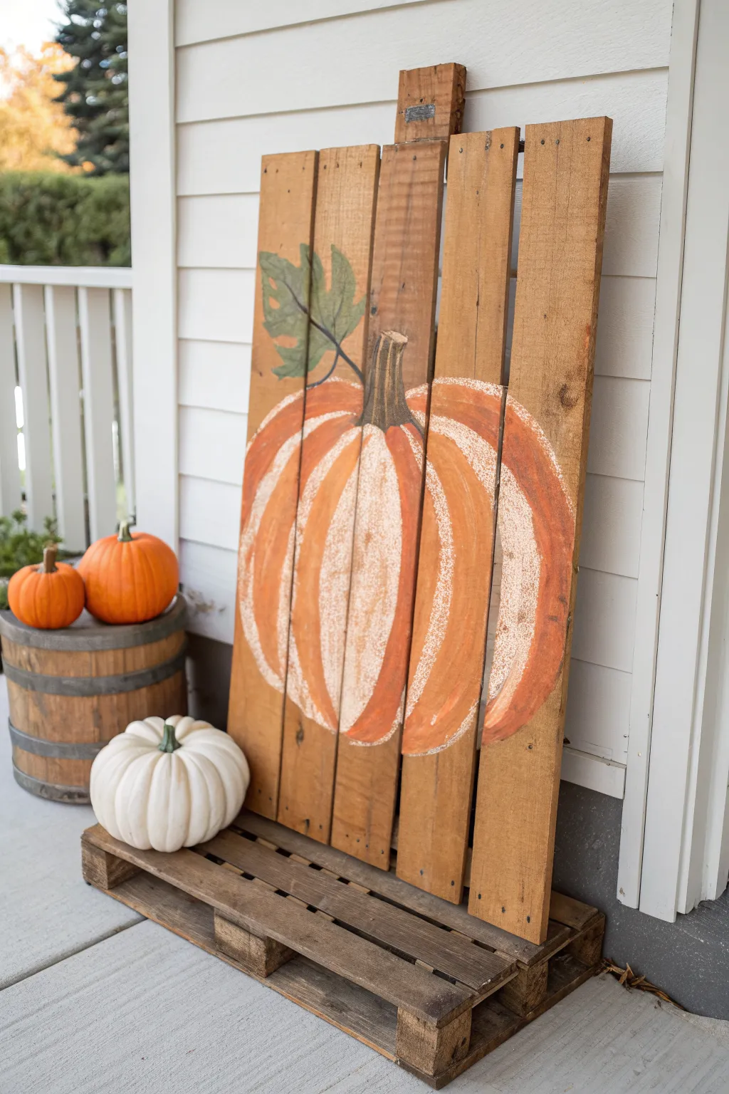 Oversized pumpkin painted across pallet slats for simple Scandinavian boho fall porch decor