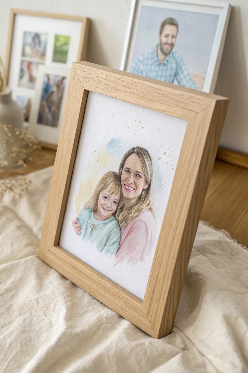 A favorite photo transformed into a soft watercolor family portrait, ready to gift and frame.
