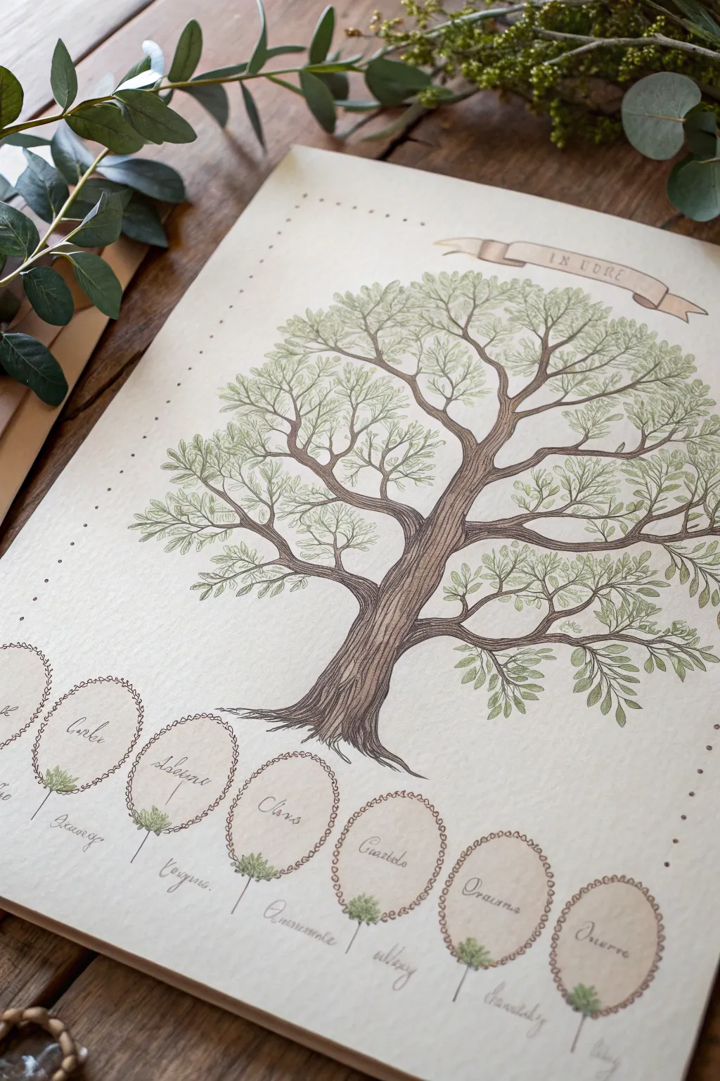 Classic oak family tree with blank name leaves, crisp branches, and calm minimalist boho contrast