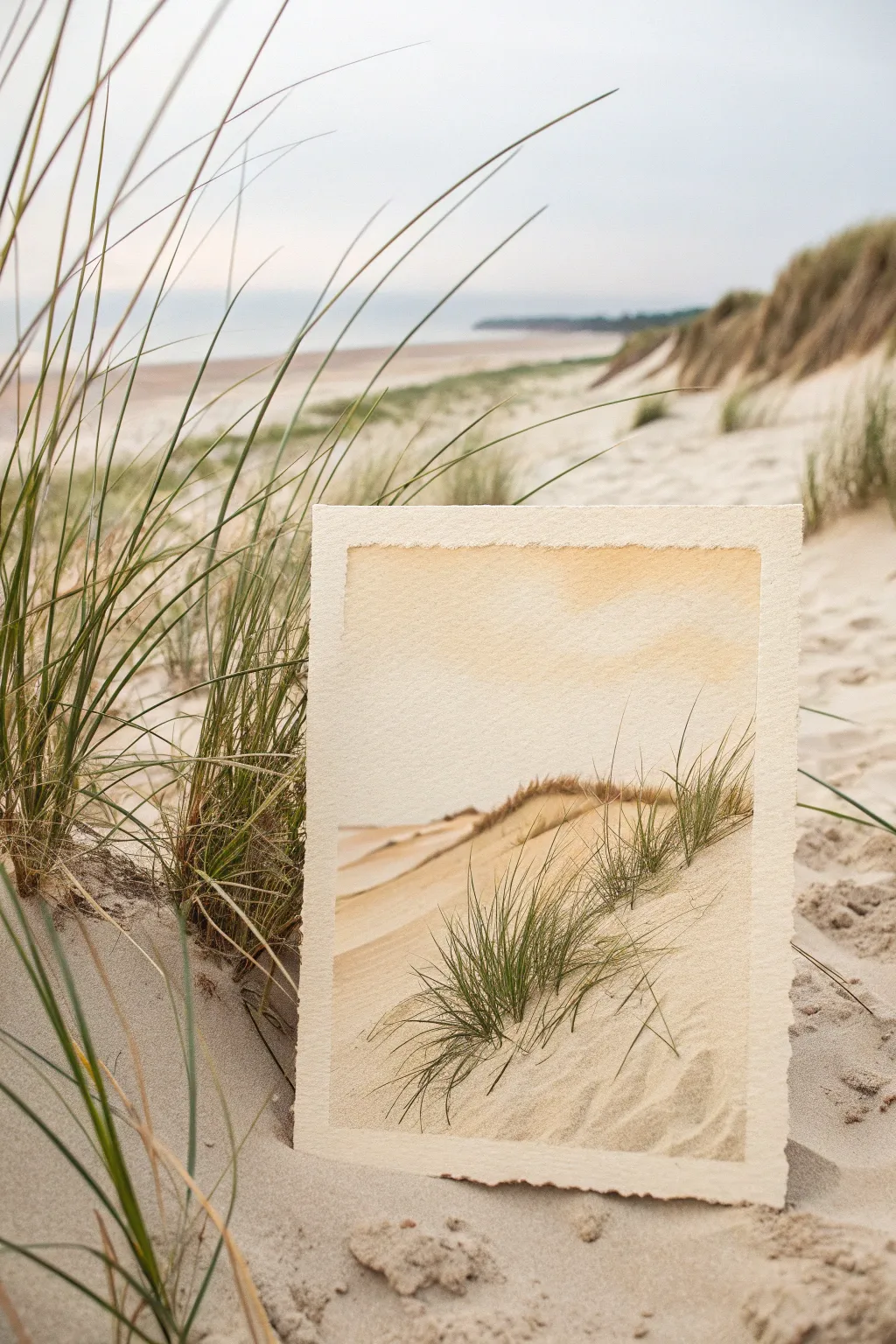 Fan brush beach dune grass close-up with split-bristle blades over warm sandy minimalist dunes