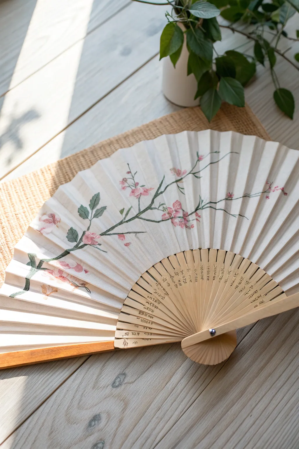 Classic floral spray on a folding fan, soft blush and sage on a clean minimalist tabletop