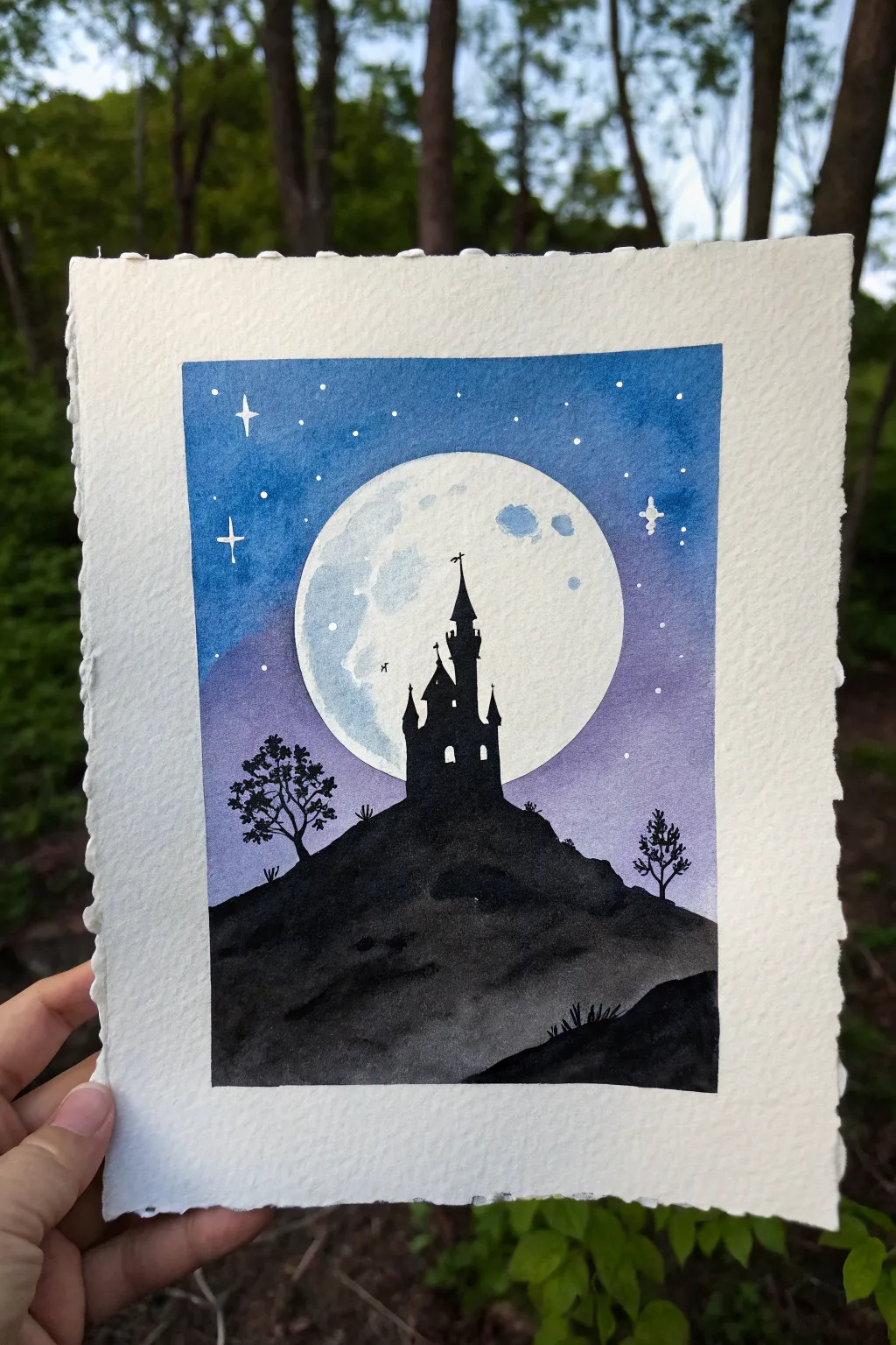 Easy fantasy idea: a bold castle silhouette against a glowing moon and minimal gradient sky