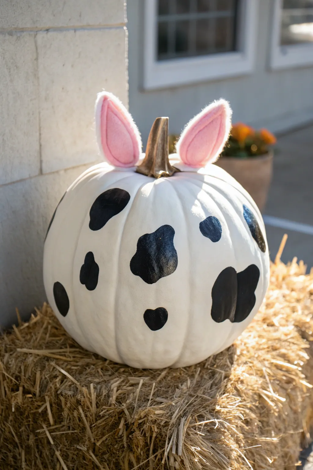 Transform a smooth white pumpkin into an adorable cow with this chic painting idea.