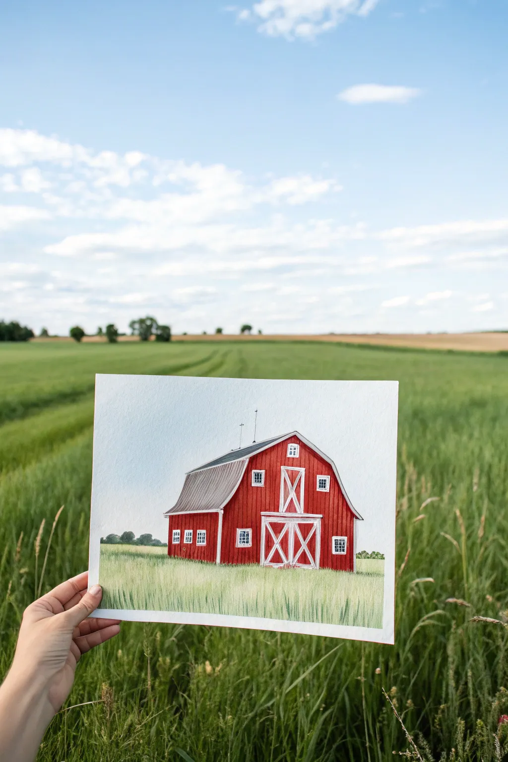 Classic red barn centered in an open green pasture, simple shapes and bold contrast