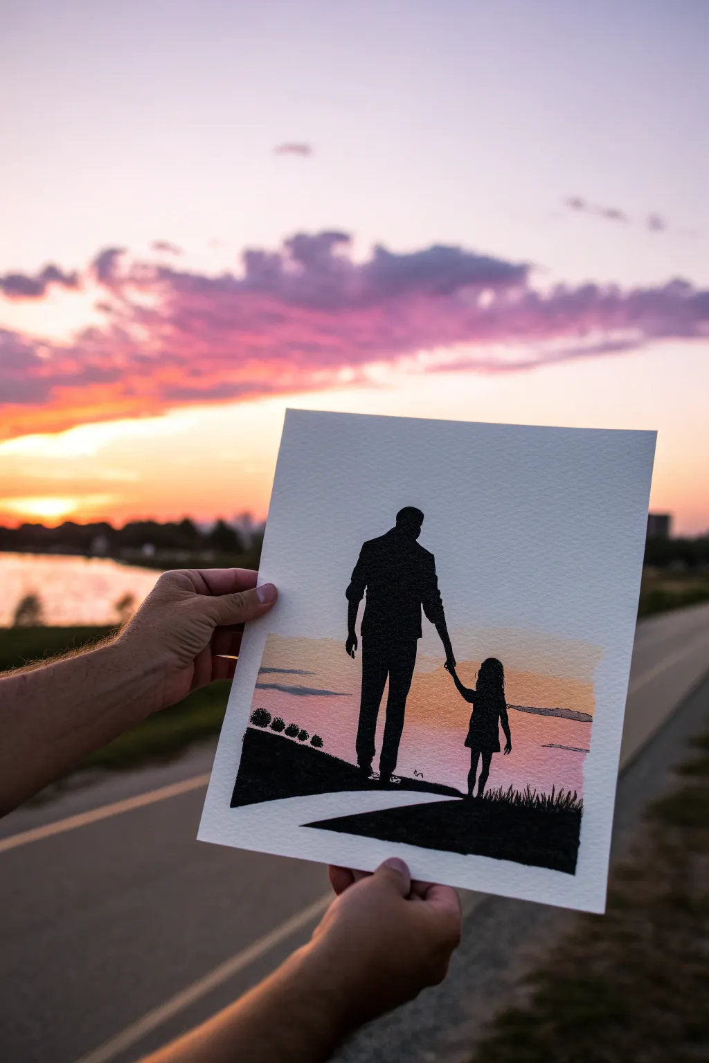 Paint a simple father and daughter silhouette against a dreamy sunset gradient for beginners.
