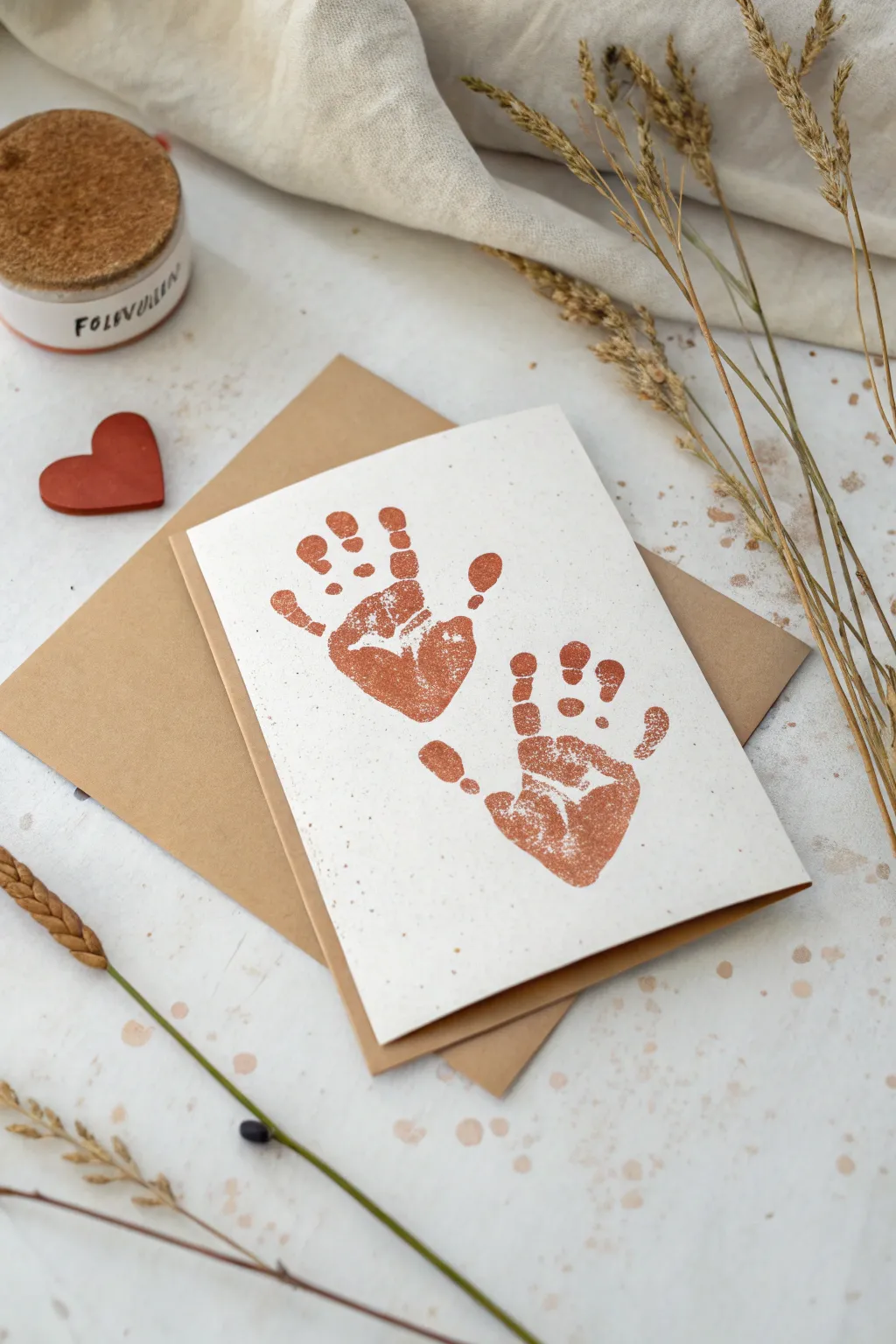 Minimal handprint heart card with real paint smudges, timeless toddler Fathers Day craft