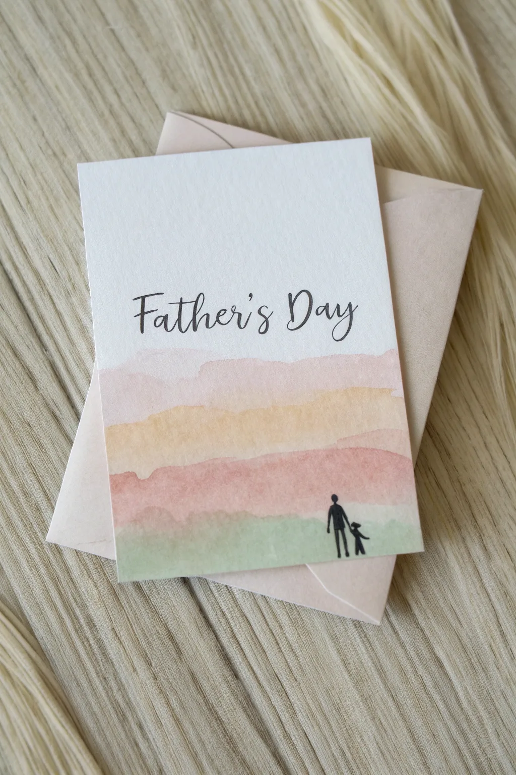 Minimal watercolor card with sweet dad and daughter doodle, perfect handmade Fathers Day gift