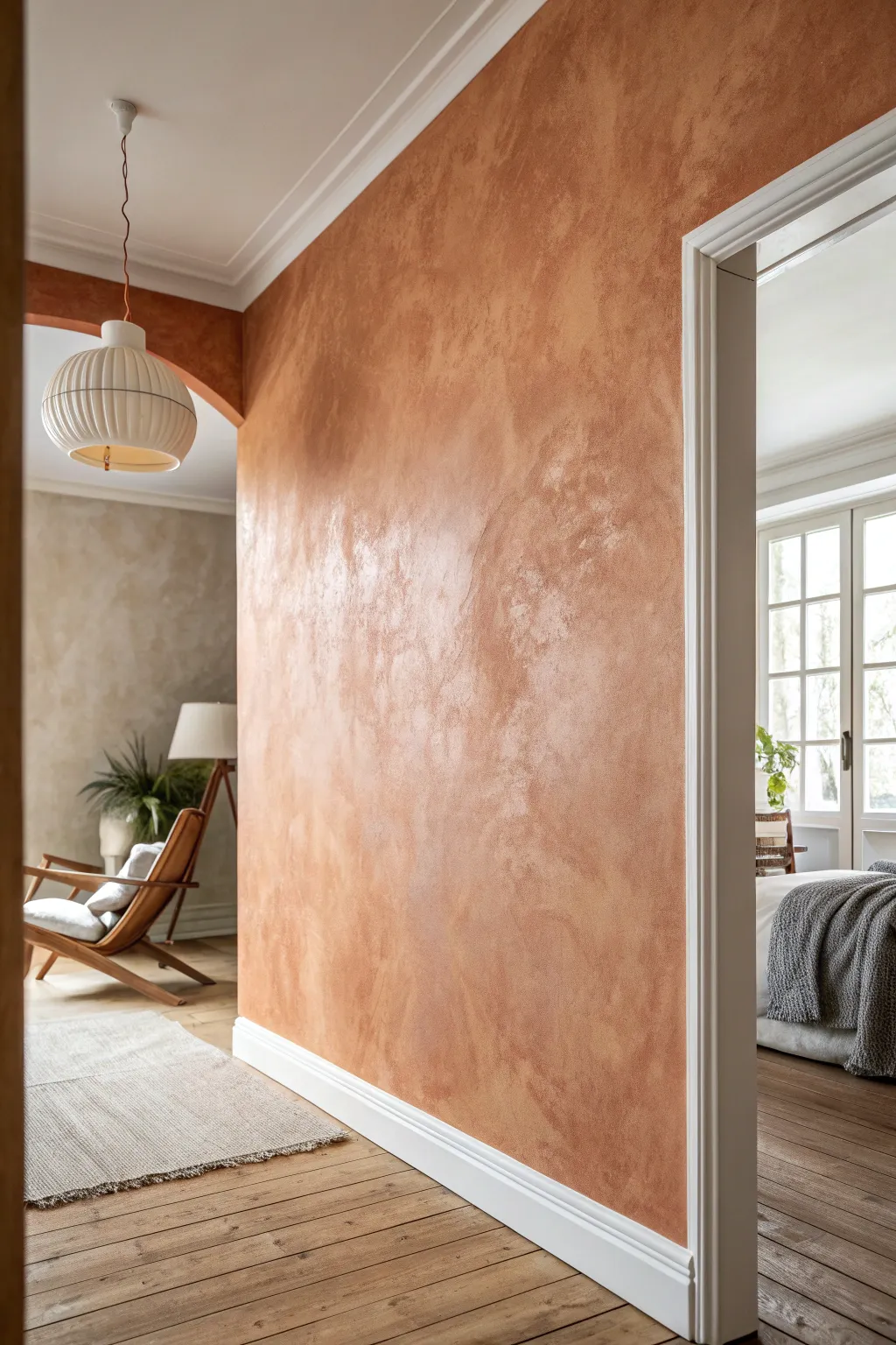 Soft color-wash faux wall finish with gentle tonal clouds for cozy old-world depth.