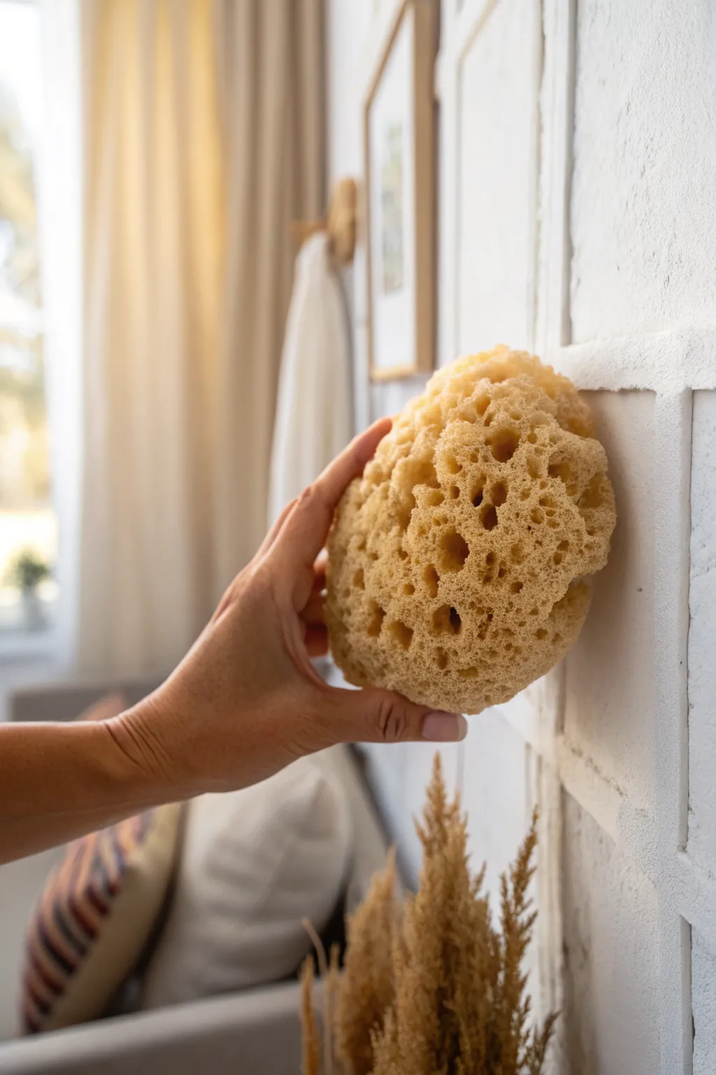 Sponging glaze creates soft, cloudy depth for a calm Scandinavian boho accent wall.