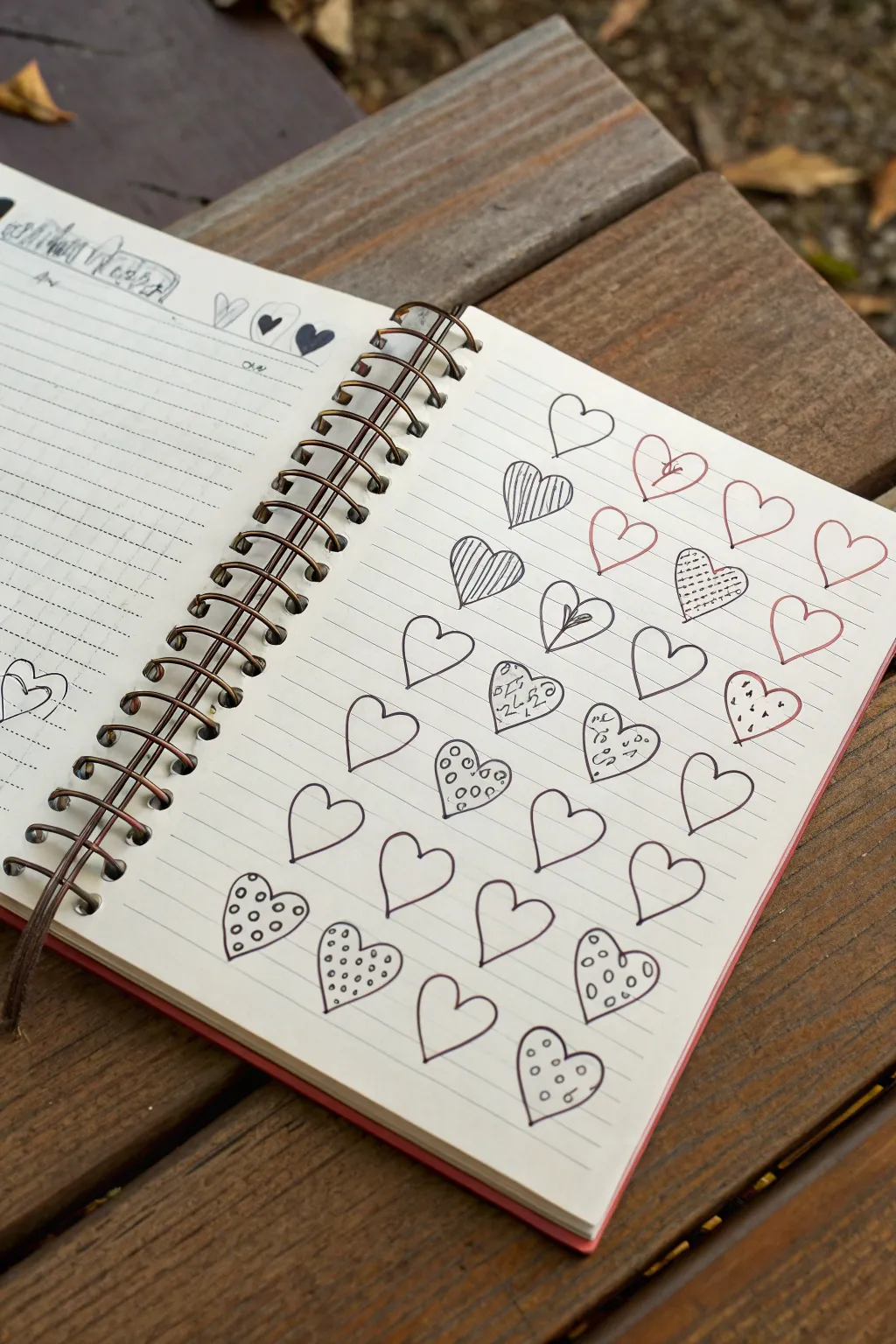 Classic February heart doodle sampler in a red-pink palette for cozy minimalist sketchbook inspiration.