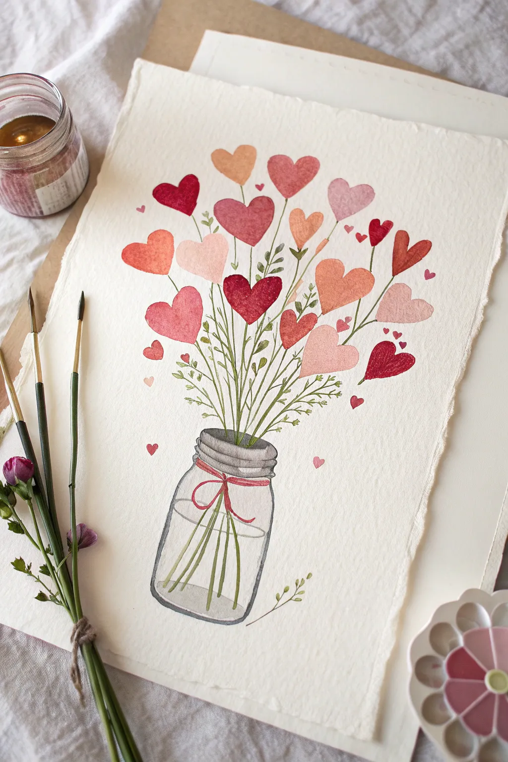 Paint an easy Valentine heart bouquet: layered pink hearts in a mason jar with soft wash.
