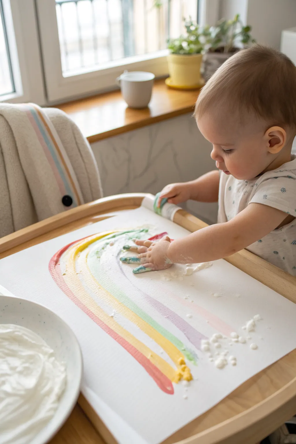 Taste-safe yogurt paint rainbow, perfect first finger painting for baby in a minimalist home