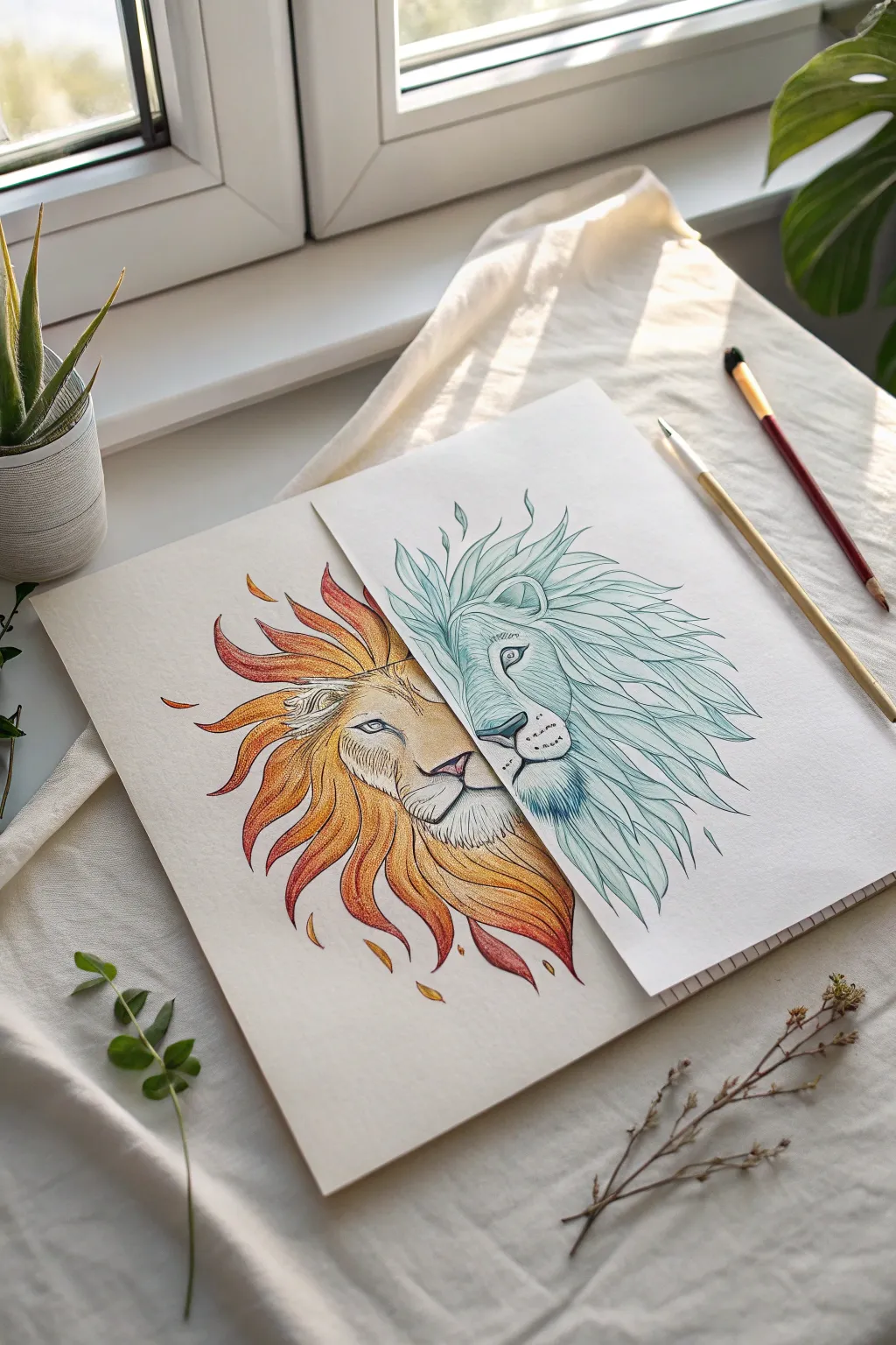 Split-face lion drawing idea with a blazing fire mane on one side and shimmering ice on the other