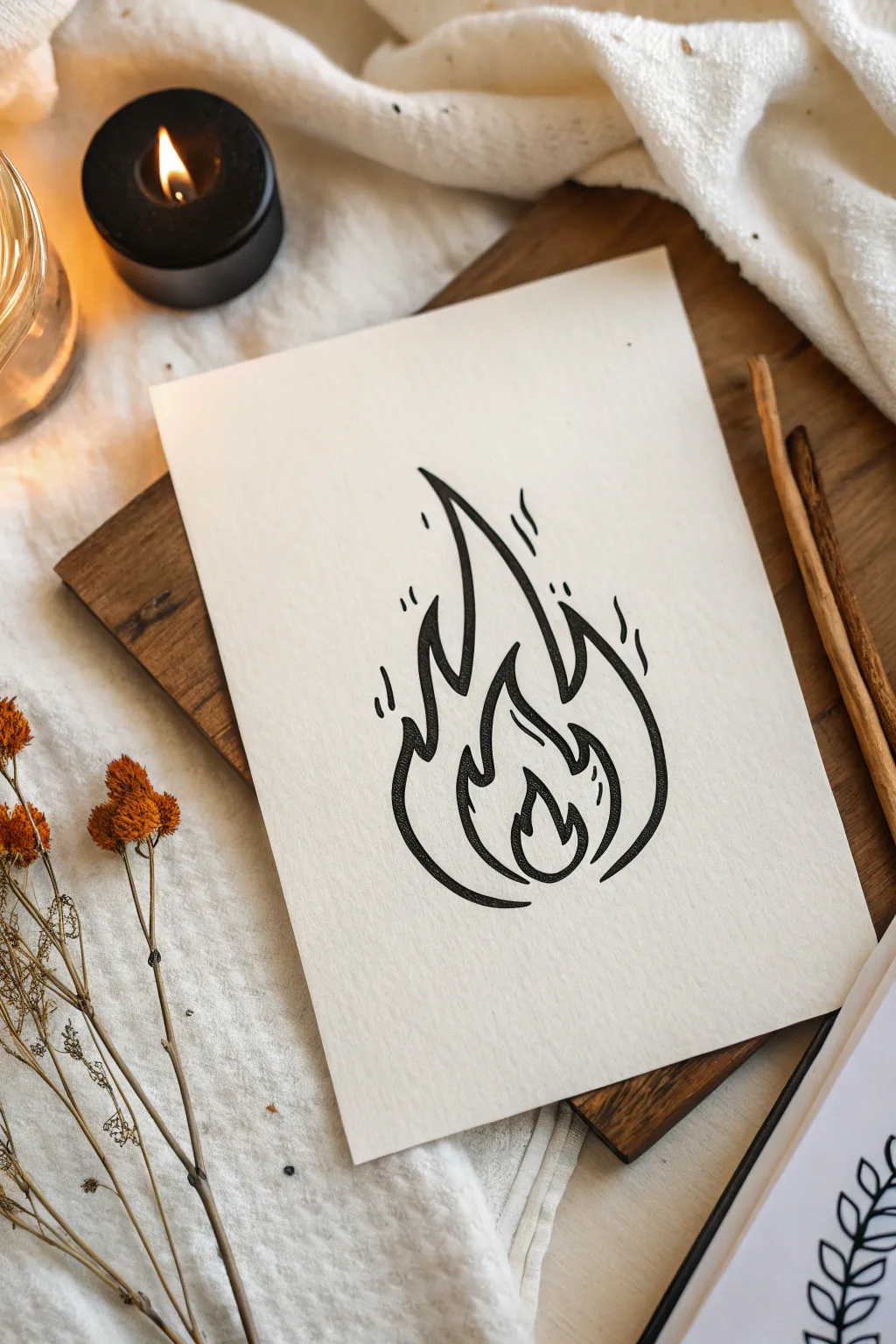 Minimal cartoon flame icon with crisp black outline and inner flame, perfect for easy fire sketches