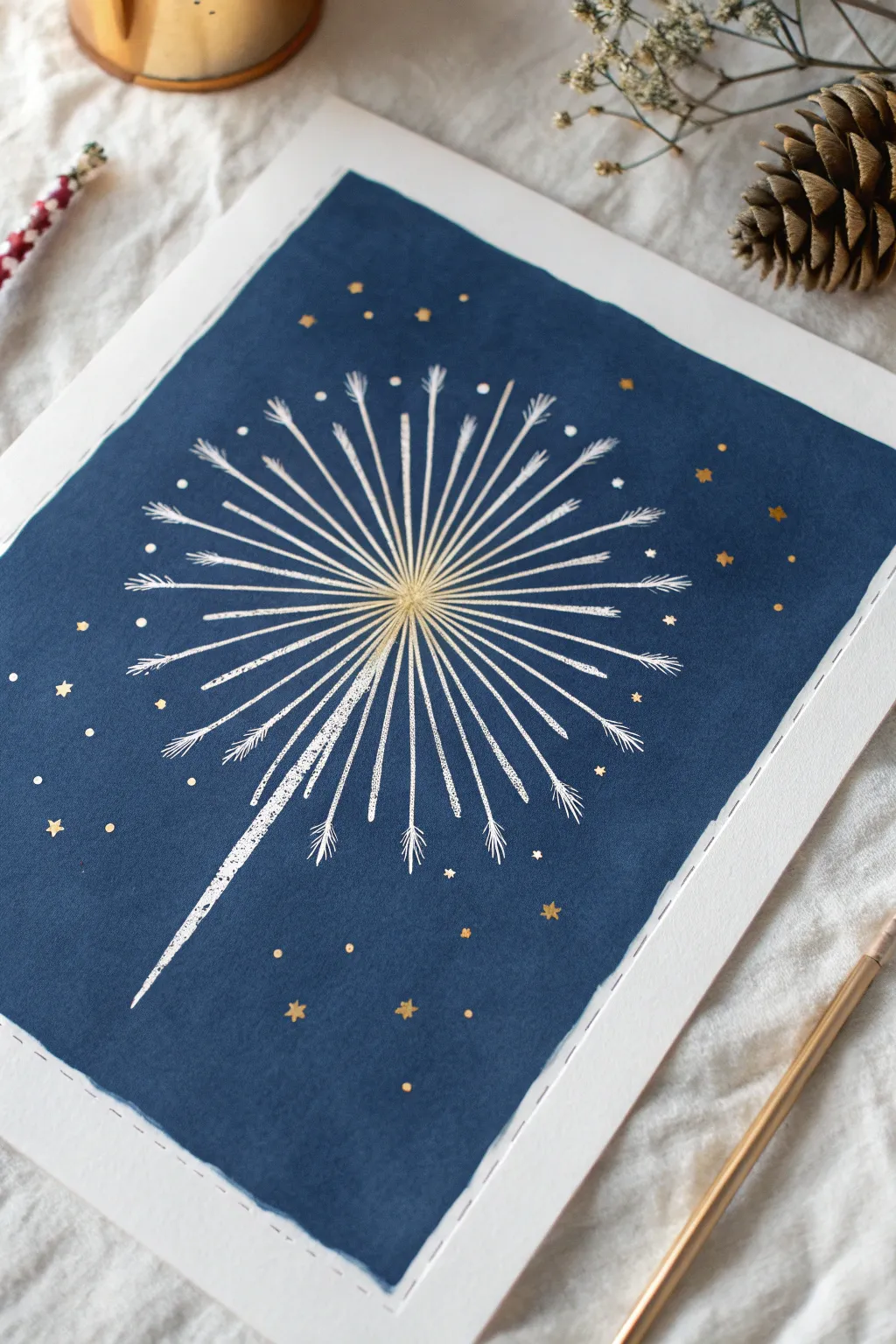 Classic starburst firework with crisp white lines on deep indigo night sky and delicate sparks
