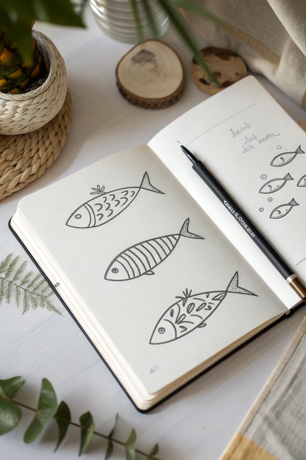 Minimal fish doodles in profile, clean black lines on white paper for instant drawing ideas.