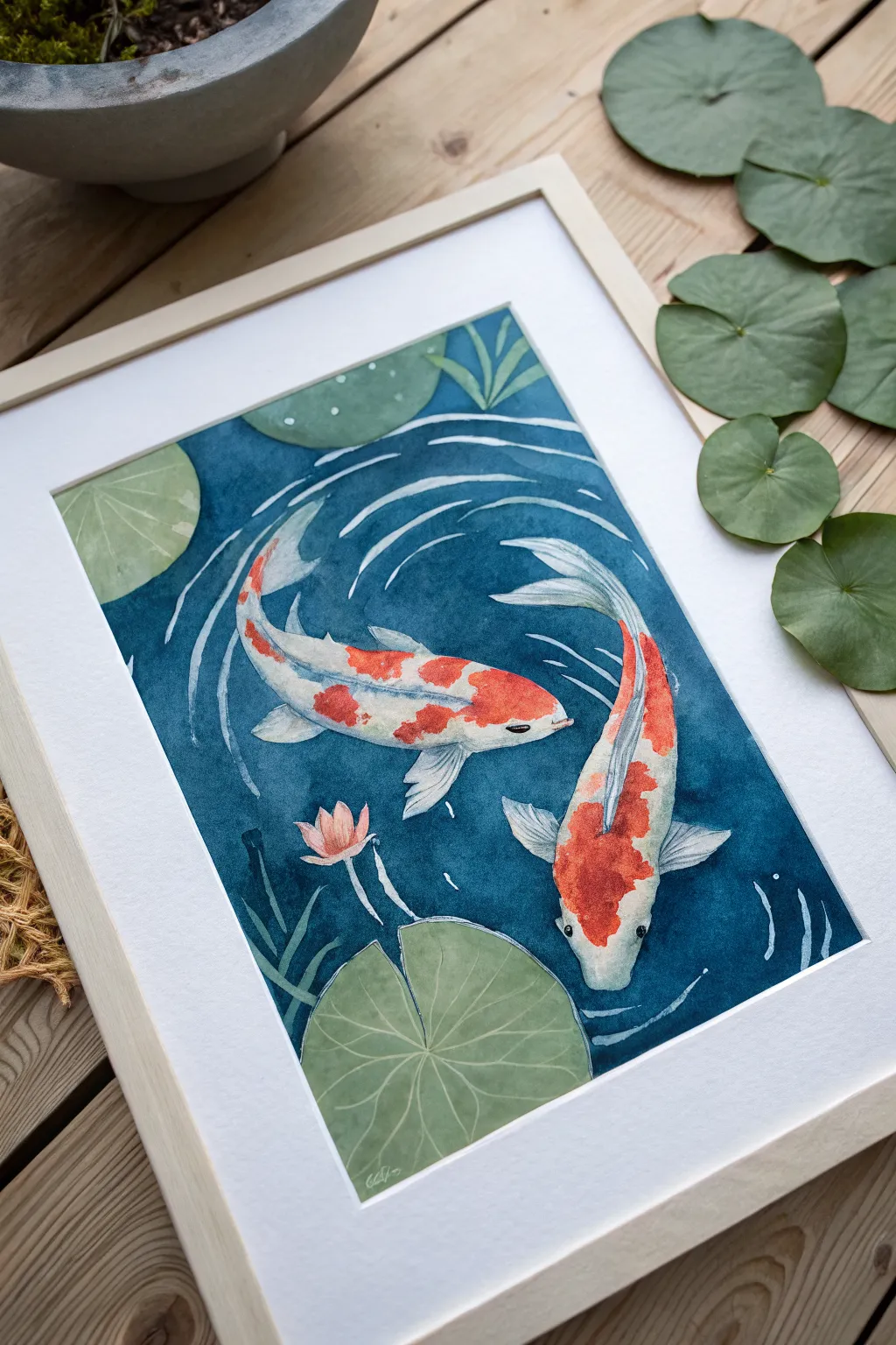 Top-down koi pond painting idea: flowing koi in deep blue water with lily pads and soft ripples