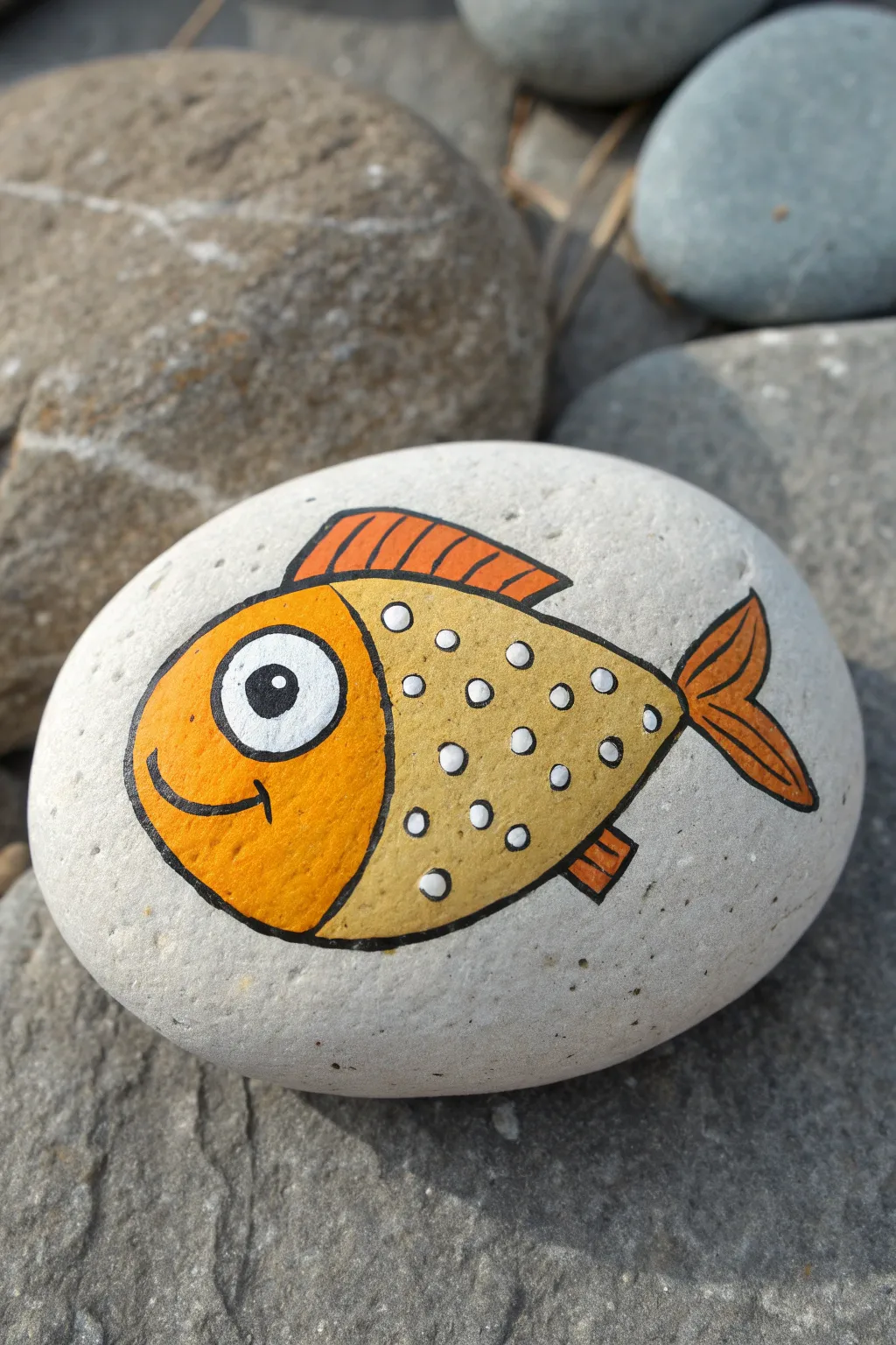 Classic big-eyed fish rock painting: bright, cute, and minimal with an easy tail wrap.