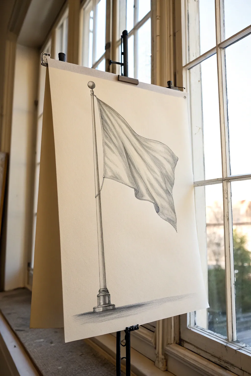 Minimal waving flag sketch with bold ripples and clean pole, perfect for classic drawing practice.