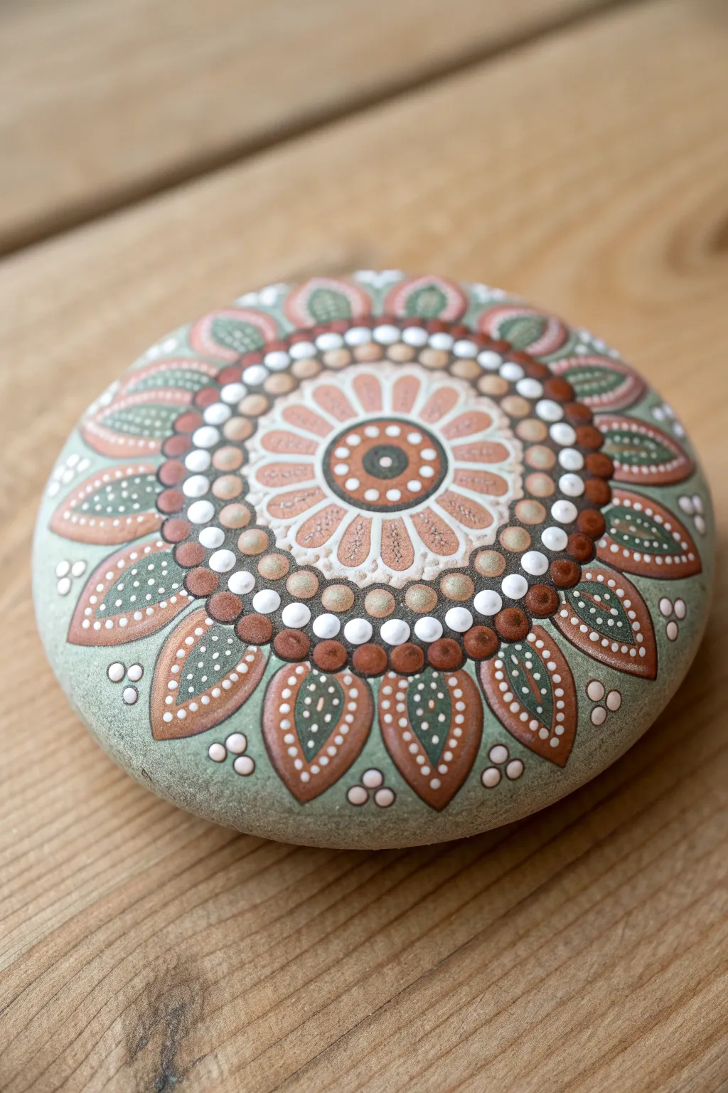 Dot mandala medallion flat rock with soft boho palette and minimalist tools on oak