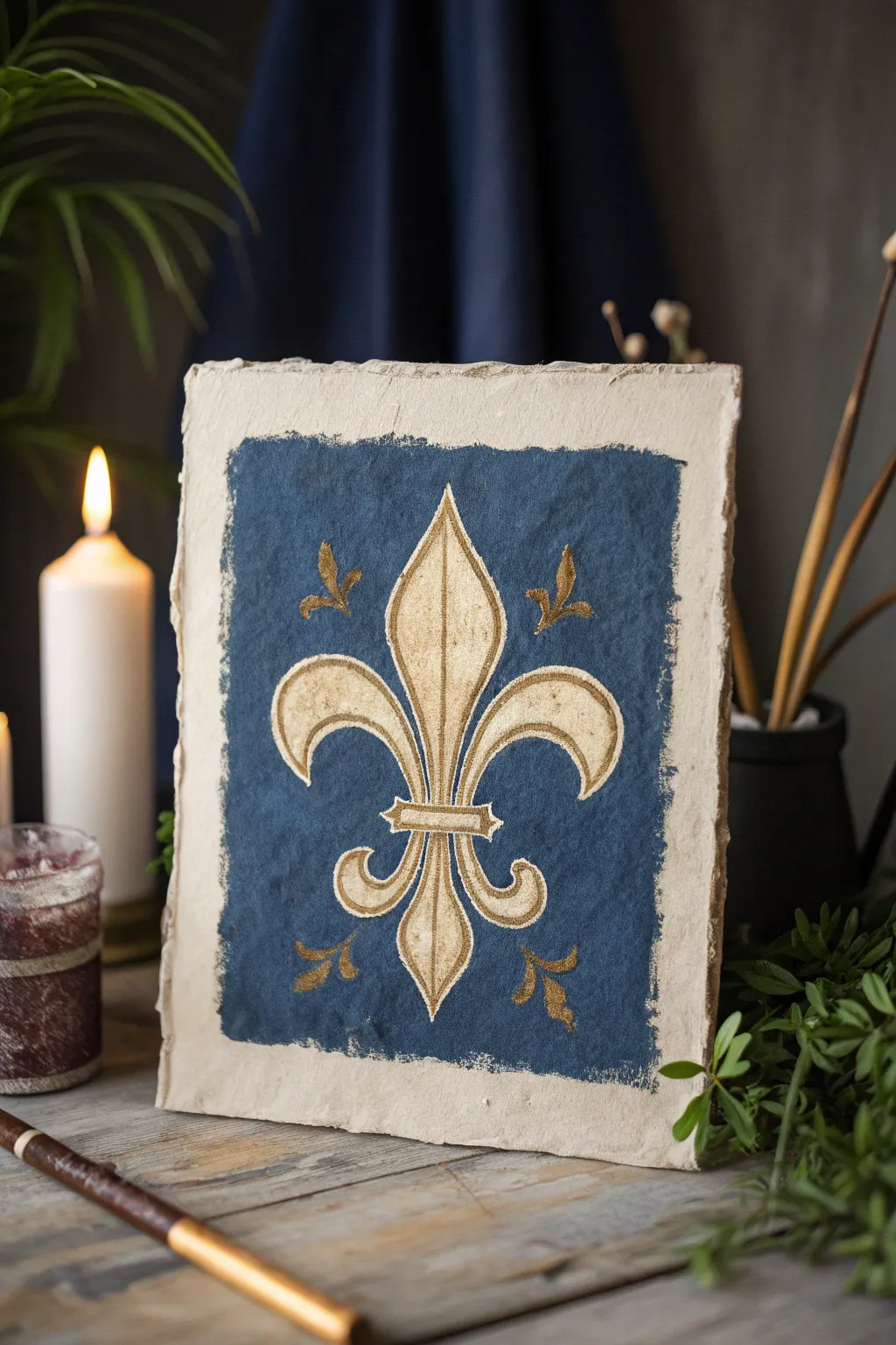 Classic heraldic fleur de lis in ivory and antique gold on deep navy, elegant and easy to paint
