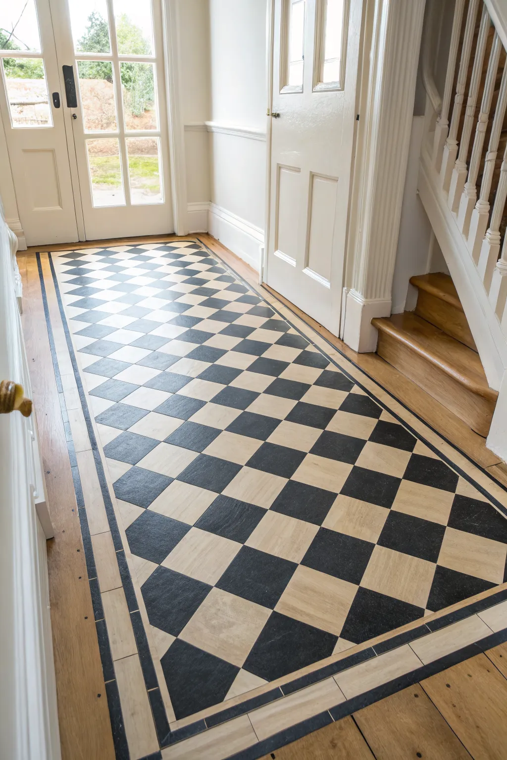 Classic checkerboard floor with crisp border, painter’s tape, and faint pencil grid for DIY planning
