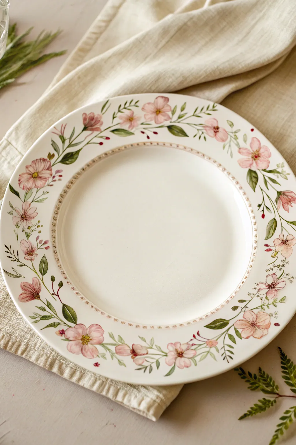 Classic floral wreath plate design, crisp white ceramic and delicate blooms in a clean setting