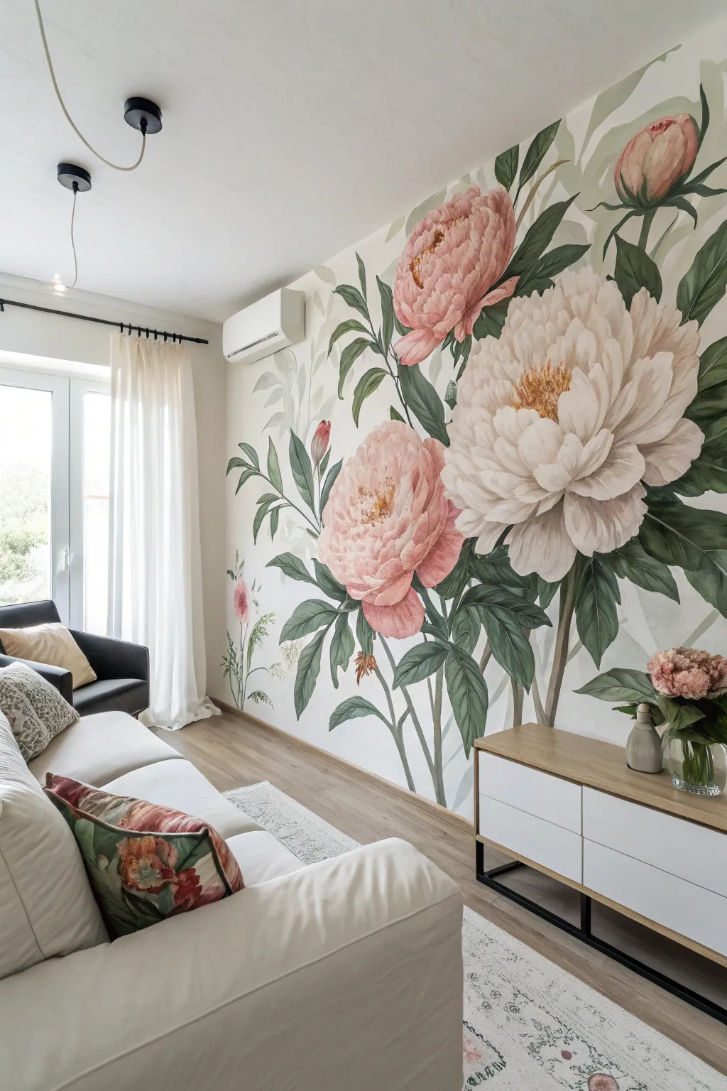 Oversized blush peony mural steals the spotlight in a calm, neutral Scandinavian living room.