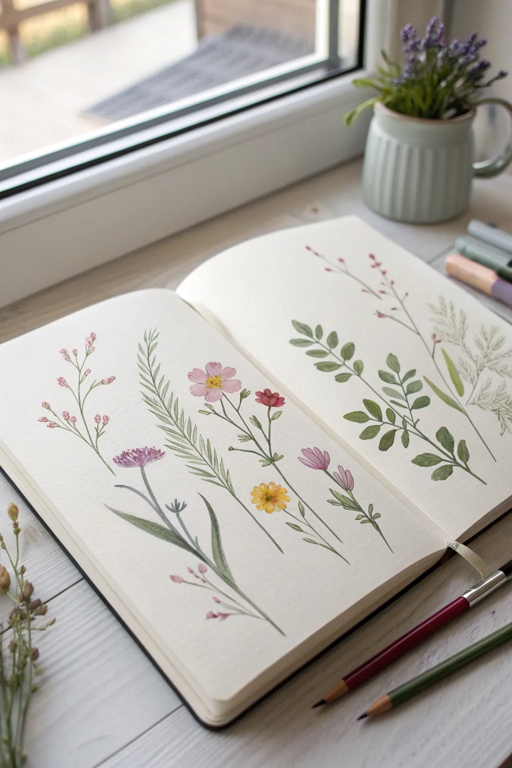 Simple watercolor wildflower sprigs on a bright sketchbook page, airy and minimal.