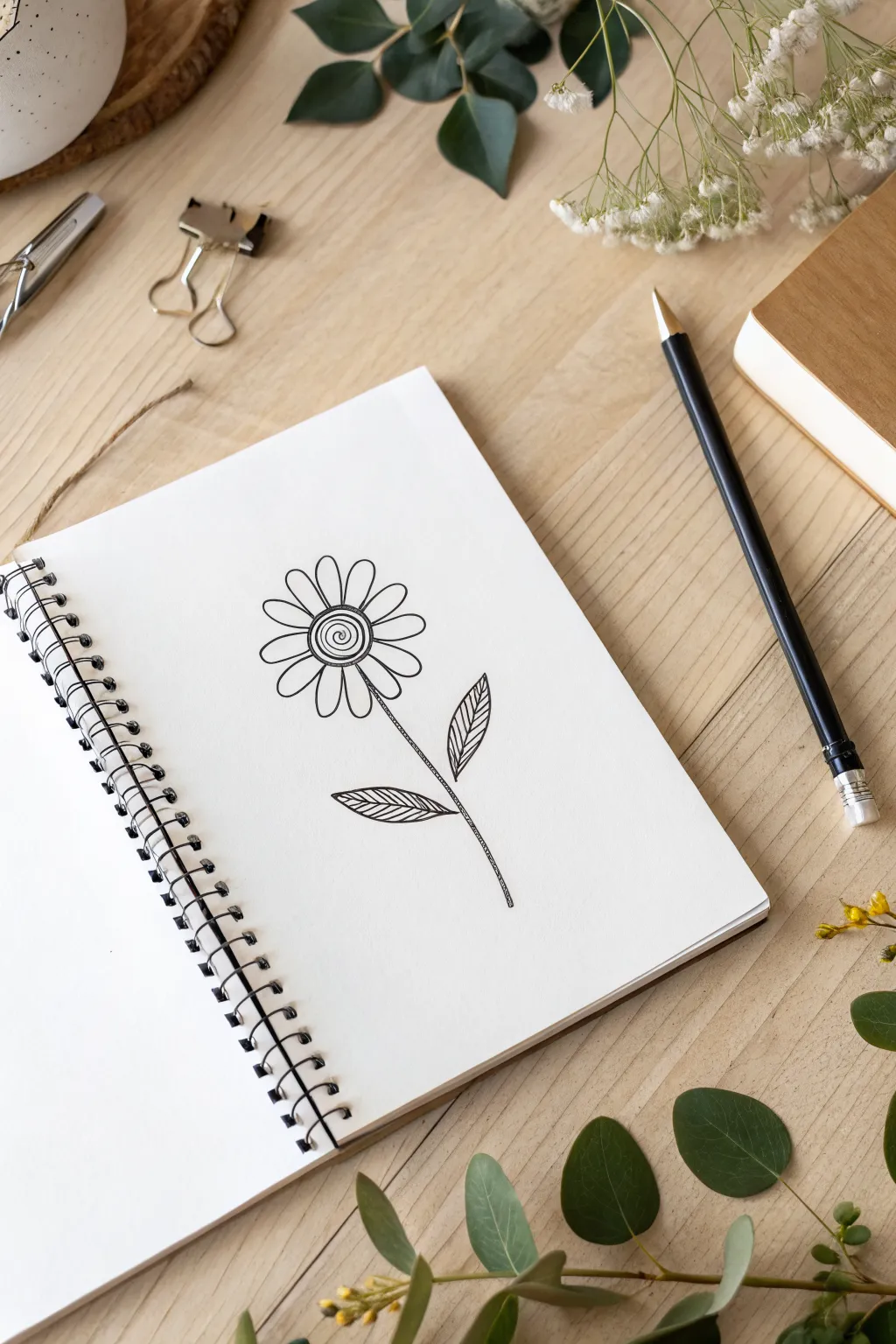Classic five-petal flower doodle, step by step: circle, petals, stem and leaves in clean line art.