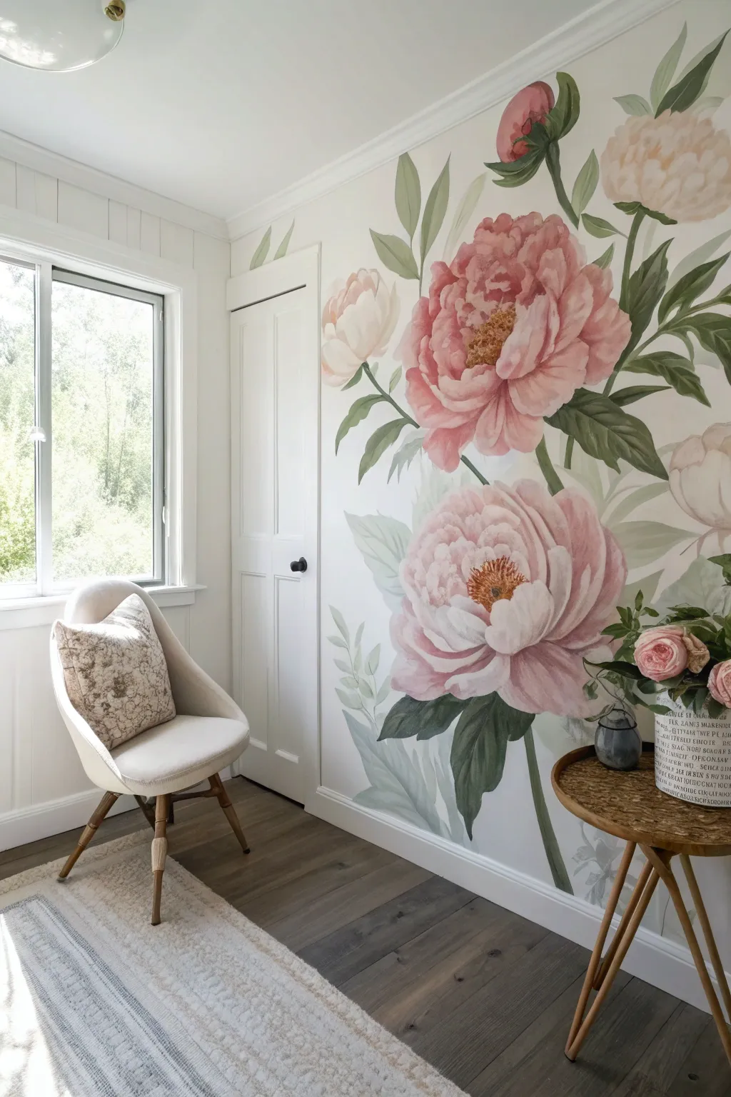 Oversized peonies transform a simple accent wall into a soft, feminine mural moment.