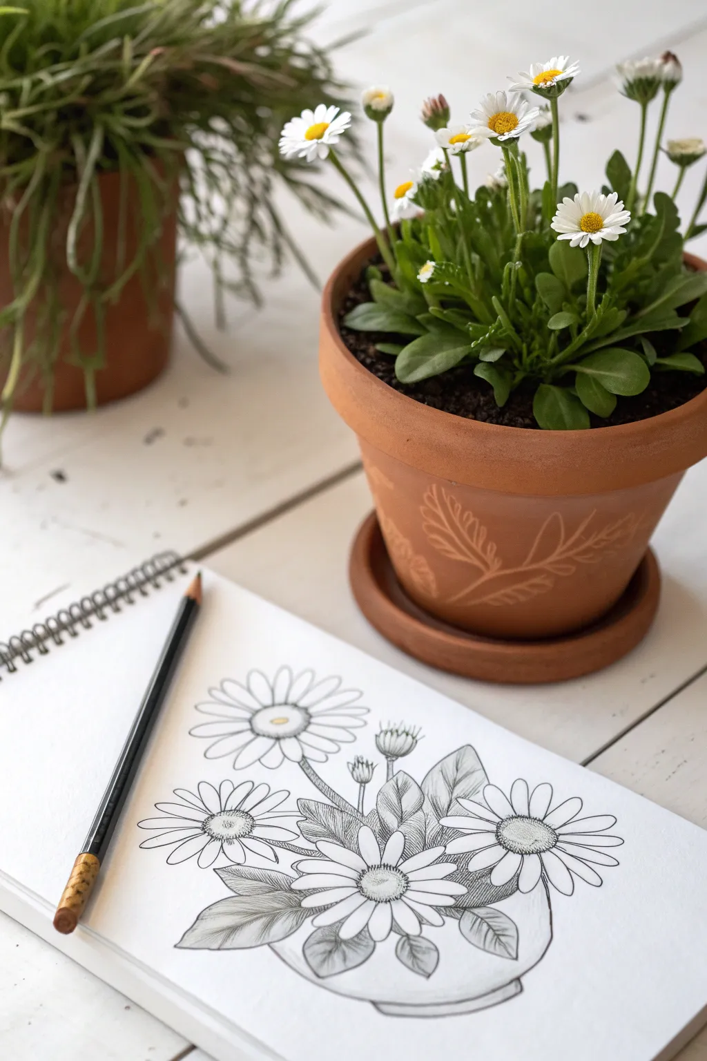 Classic terracotta pot with simple daisies, a clean minimalist sketch idea you can draw today