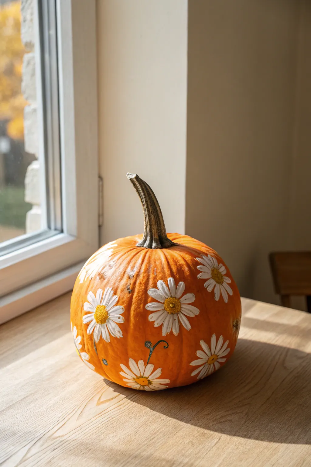 Classic daisy repeat on a bright orange pumpkin, airy Scandinavian craft vibes for fall.