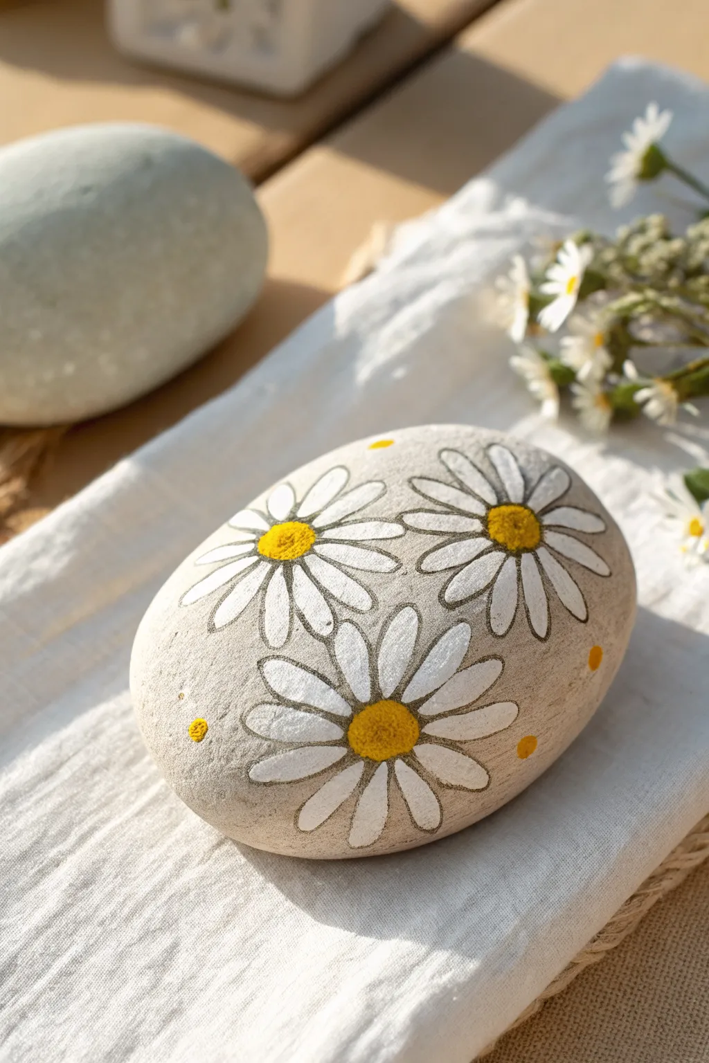 Simple rock painting idea: white daisies with bright yellow dot centers on a clean pale stone.