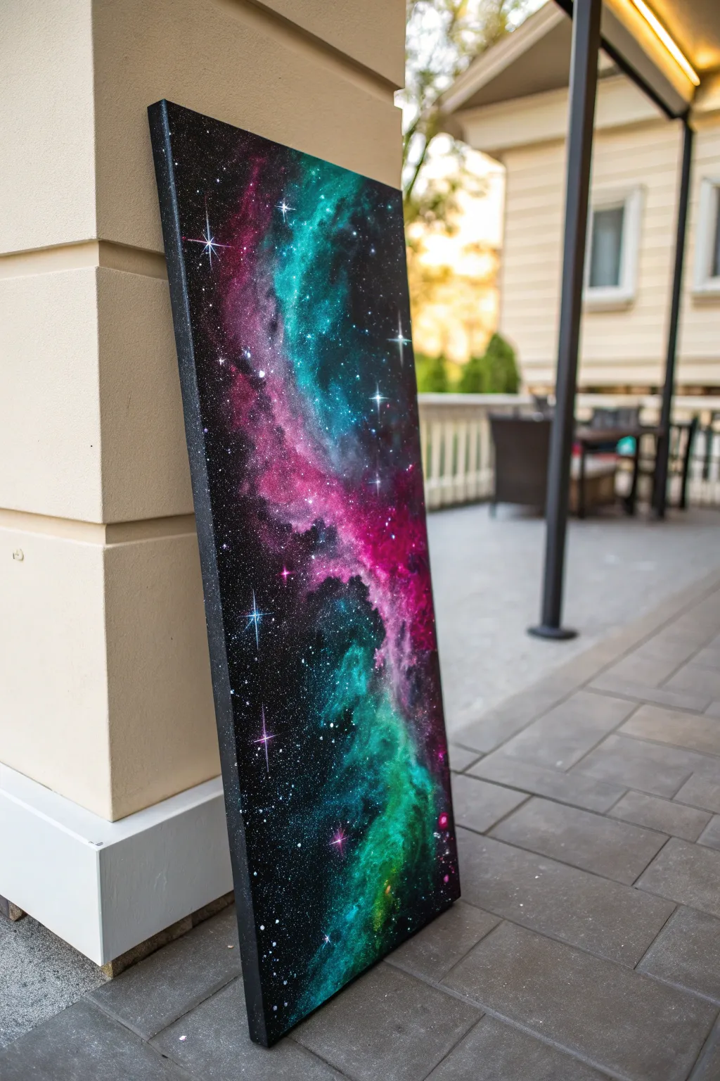 Neon galaxy on black, half in daylight and half under UV light to reveal a dramatic fluorescent glow