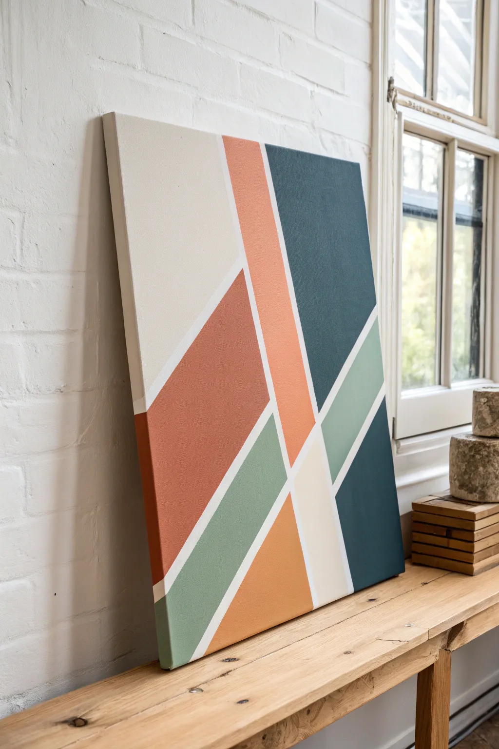 Minimal color-block abstract on foam board, crisp edges and a calm Scandinavian palette