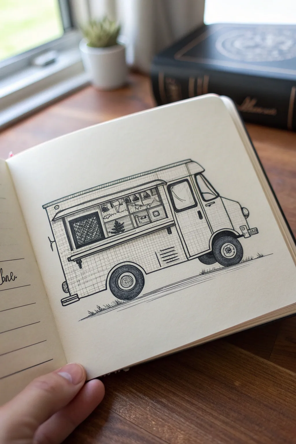 Classic side-view food truck sketch idea, clean lines and cozy minimalist Scandinavian vibe
