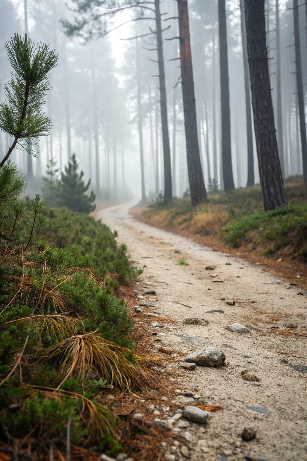 Follow the misty pine trail for serene forest landscape inspiration with soft Scandinavian calm.