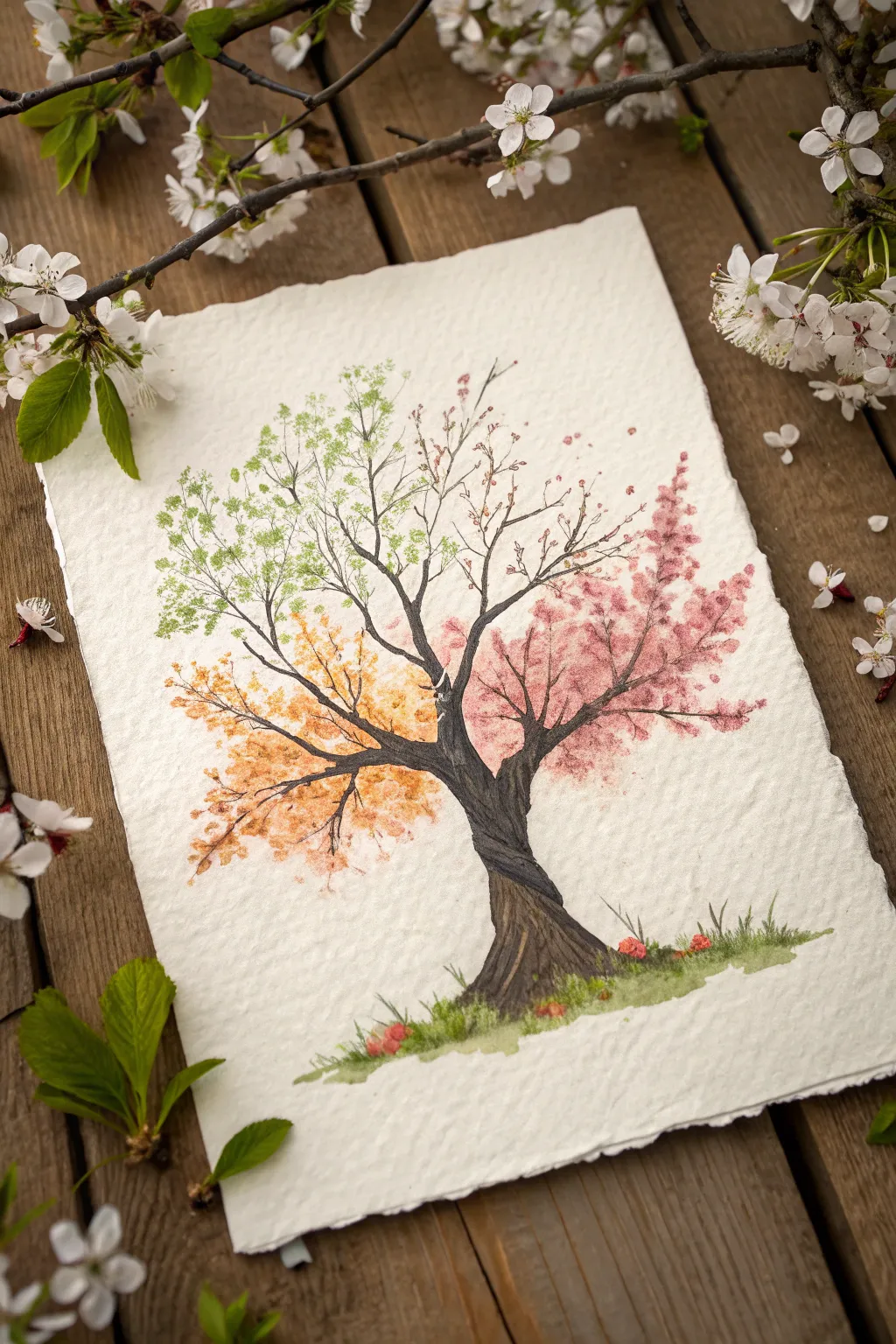 Paint one tree through spring blossoms, summer greens, autumn gold, and winter snow.