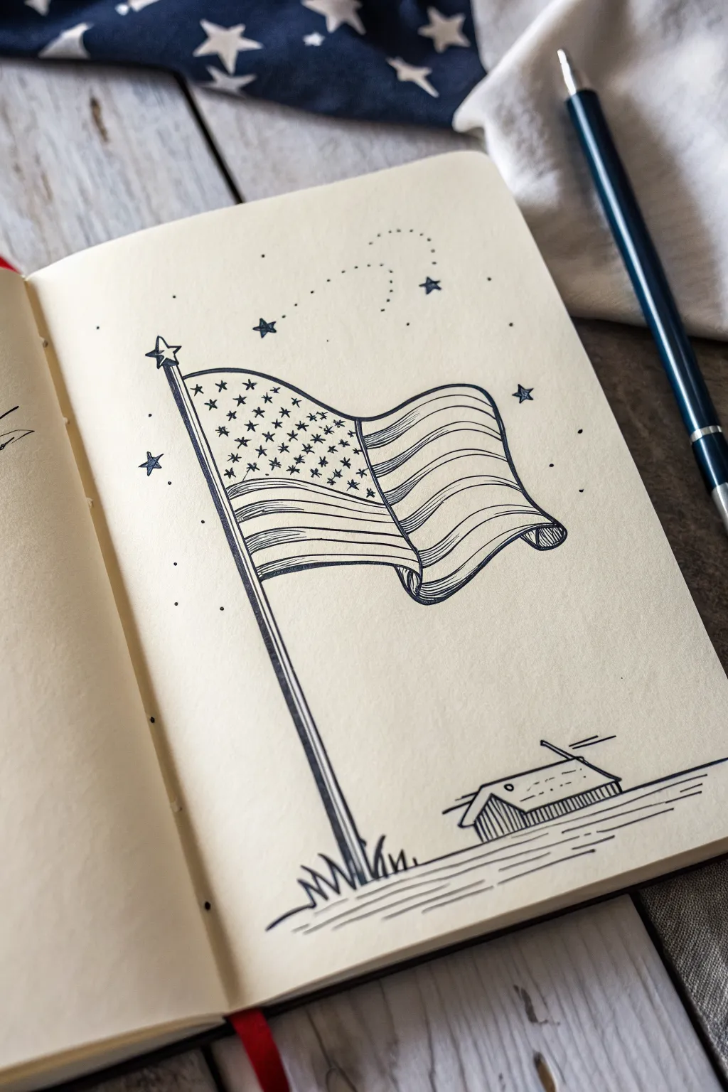 Easy waving American flag doodle with stars and stripes, perfect for Fourth of July sketches