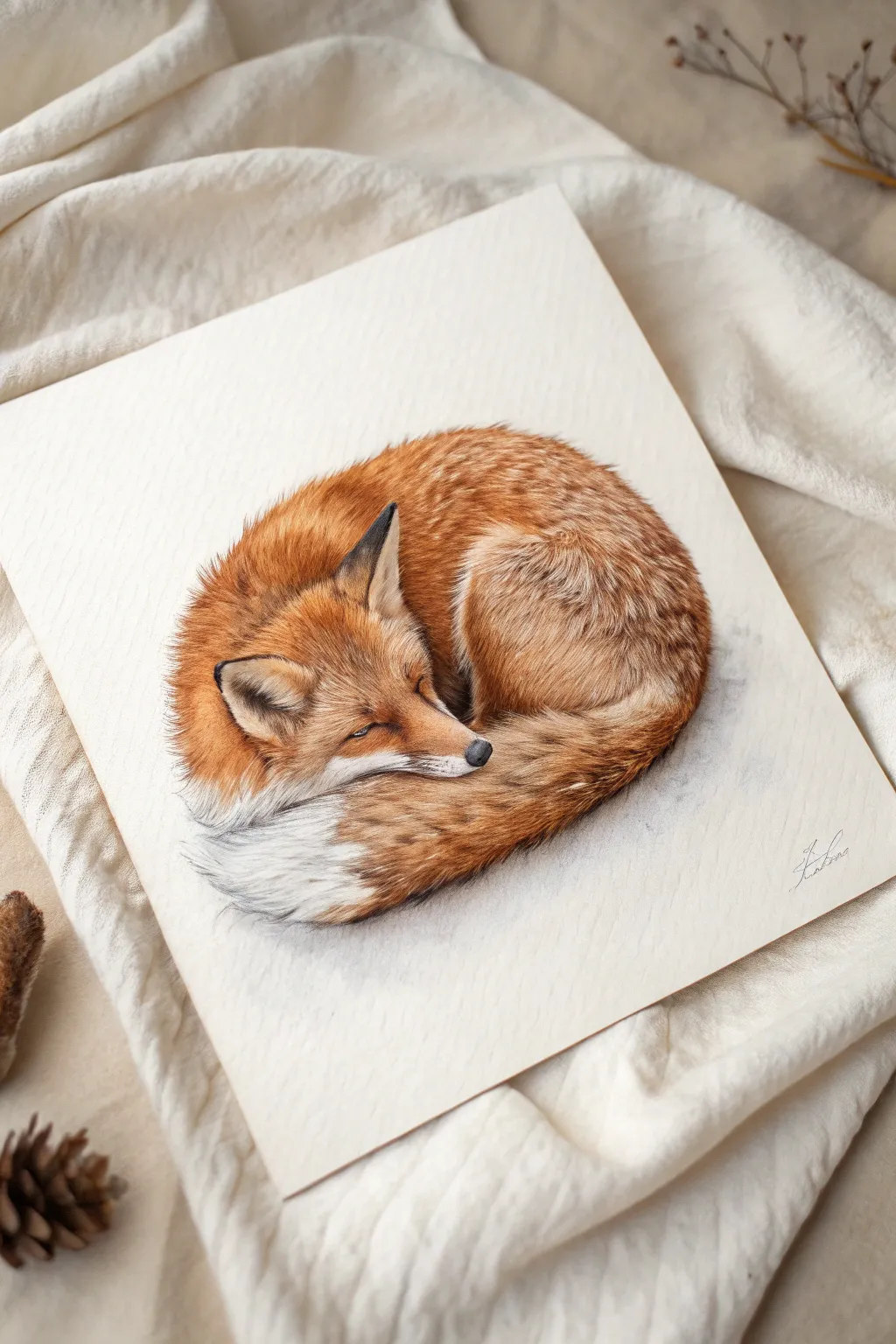 A classic curled sleeping fox with a white-tipped tail, cozy and minimalist for painting practice
