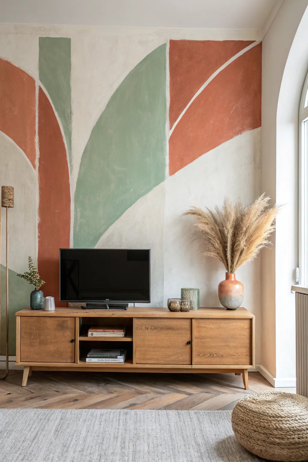 Abstract freehand color-block accent wall with visible brush edges, minimal Scandinavian boho style.
