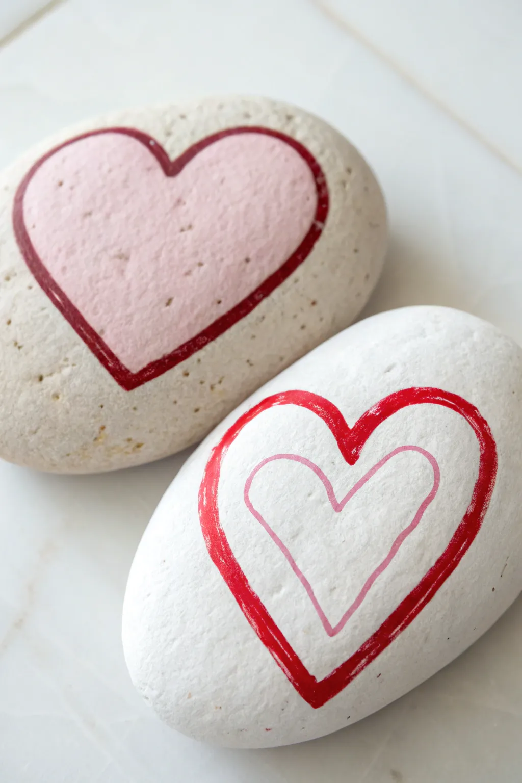 Matching heart bestie rocks in pink and red, minimal Scandinavian look with cozy boho charm