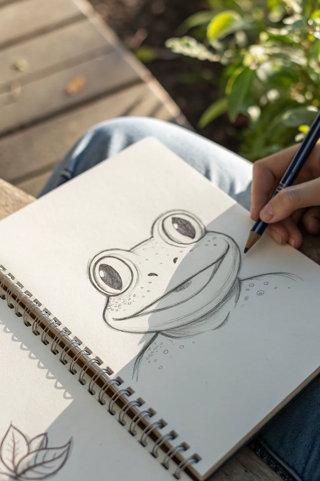 Simple frog face study with big eyes and soft smile, clean pencil lines on white paper