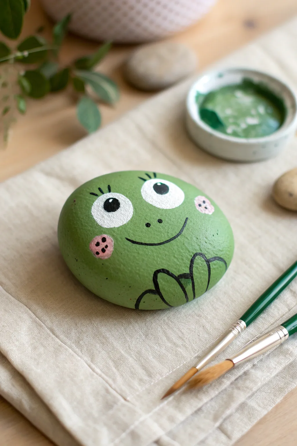 Classic green frog rock painting on a neutral tabletop, Scandinavian minimal with a boho touch