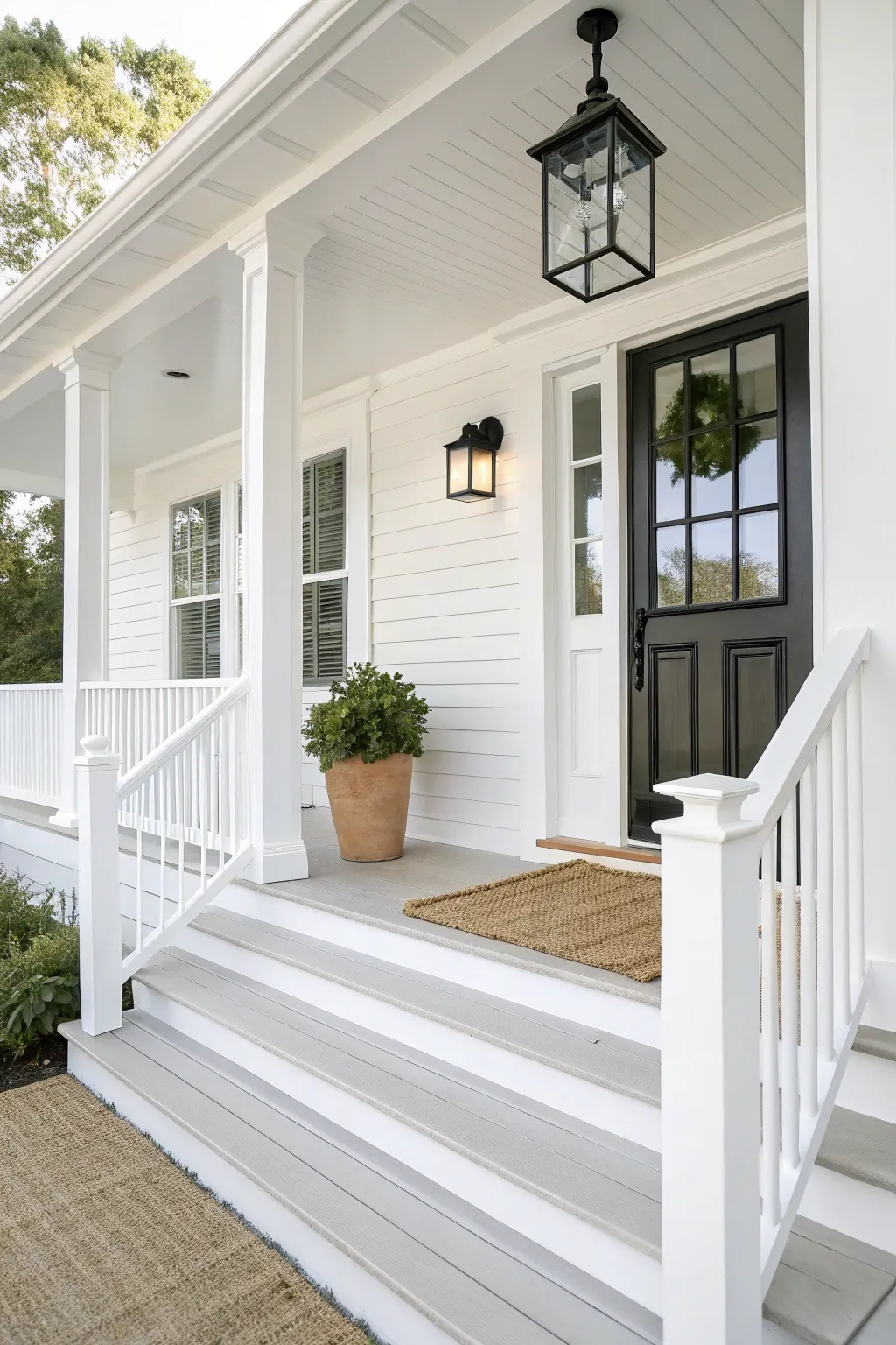 Crisp white porch with black accents, simple doormat and greenery for a warm, classic look