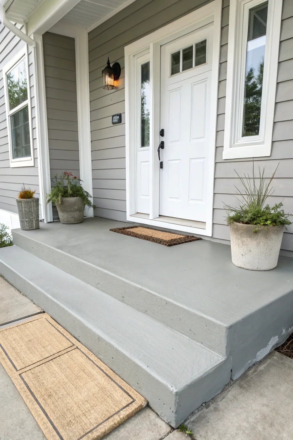 Warm gray porch paint with crisp edges, paired with jute mat and matching planters